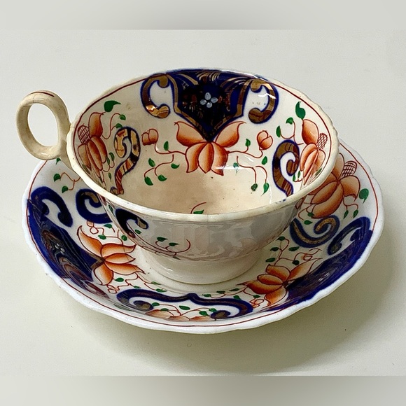 19th Century Antique Gaudy Welsh Crest Pattern Teacup & Saucer Set - Picture 12 of 16